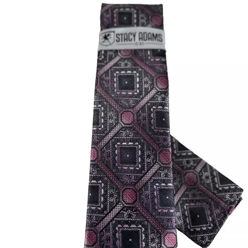 Stacy Adams Men's Tie Hanky Pink Black Charcoal Gray Diamond Handmade 3.25